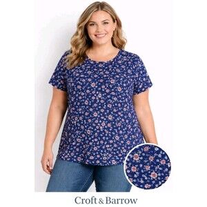 NWT CROFT BARROW Womens XXL Floral Short Sleeve 100% Cotton Navy Top T-Shirt